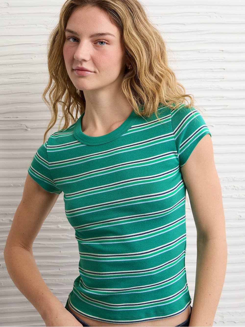 American Eagle Outfitters Green Striped Baby Tee
